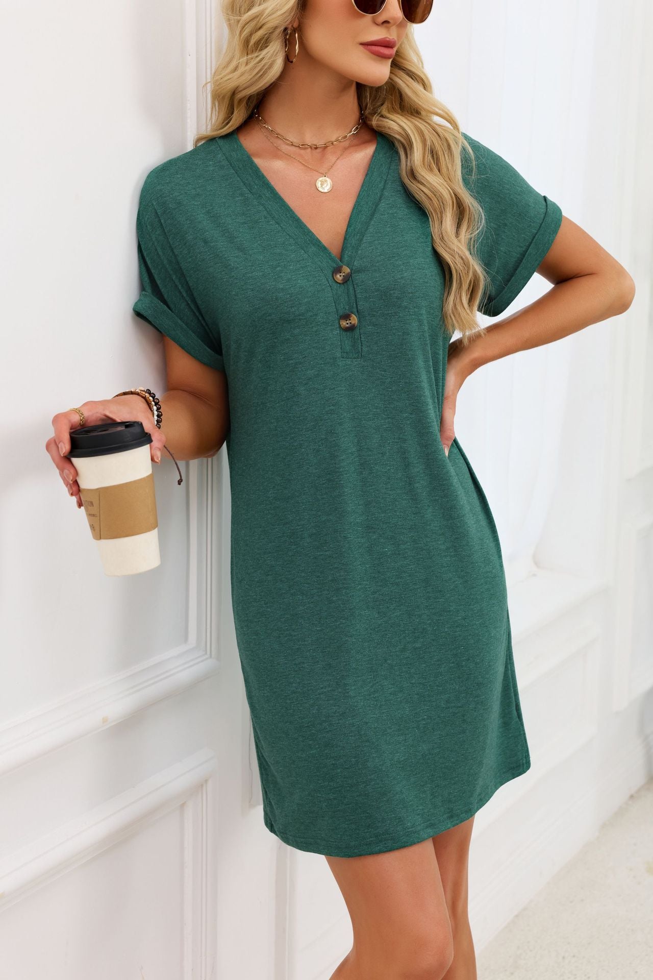 Casual V-Neck Short Sleeve Button Mini T-Shirt Dress
