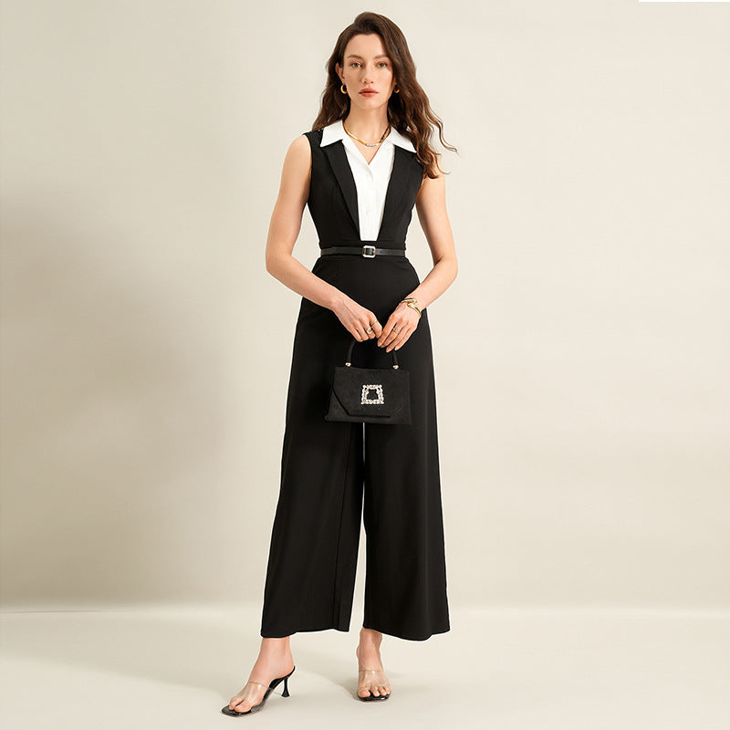 Black White Colorblock Sleeveless Wide Leg Jumpsuit