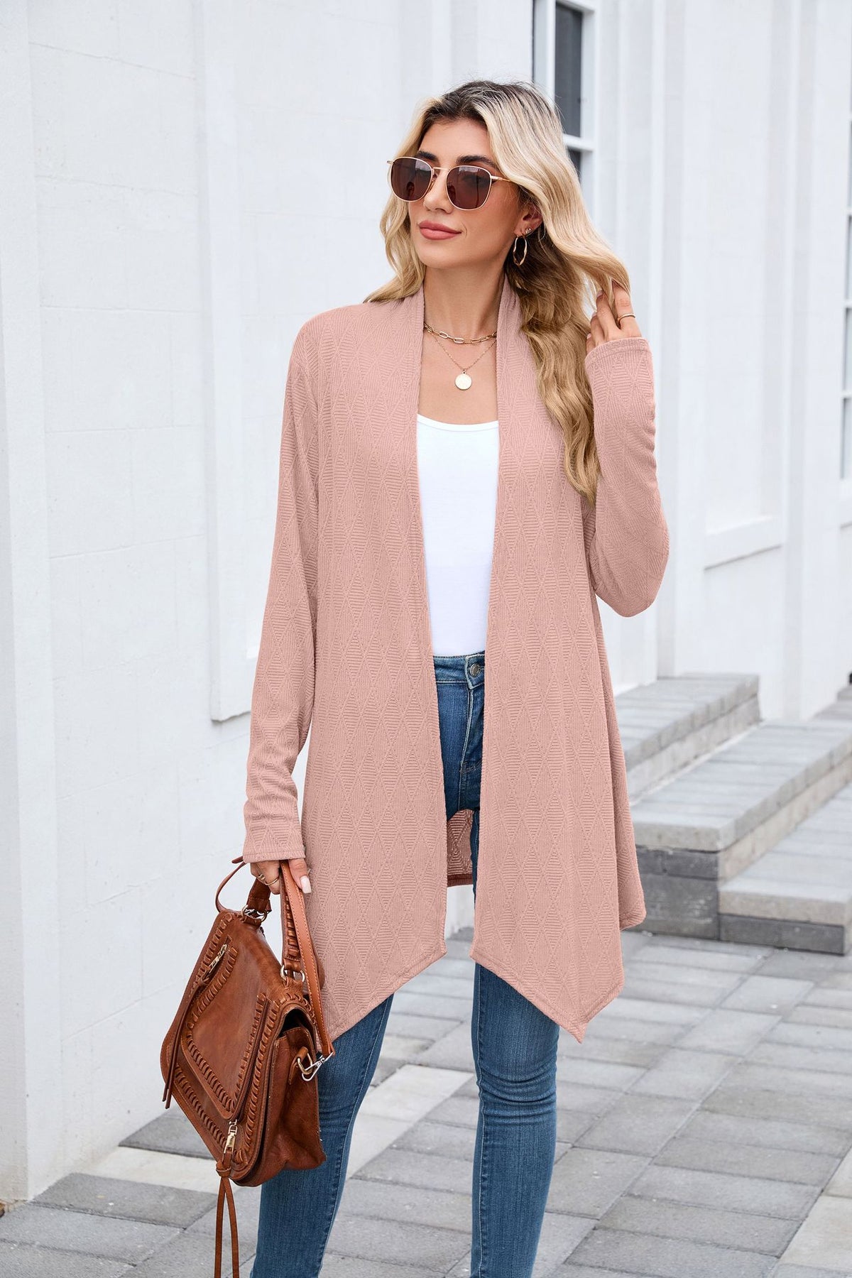 Women's Textured Open Front Long Knit Cardigan Sweater