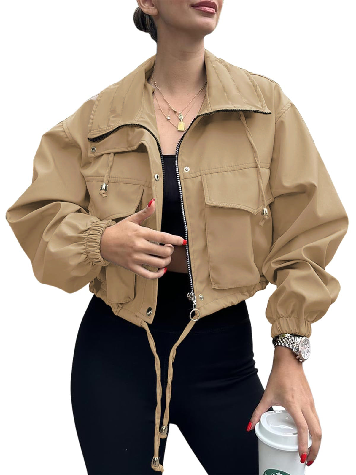 Solid Cropped Windbreaker Utility Jacket