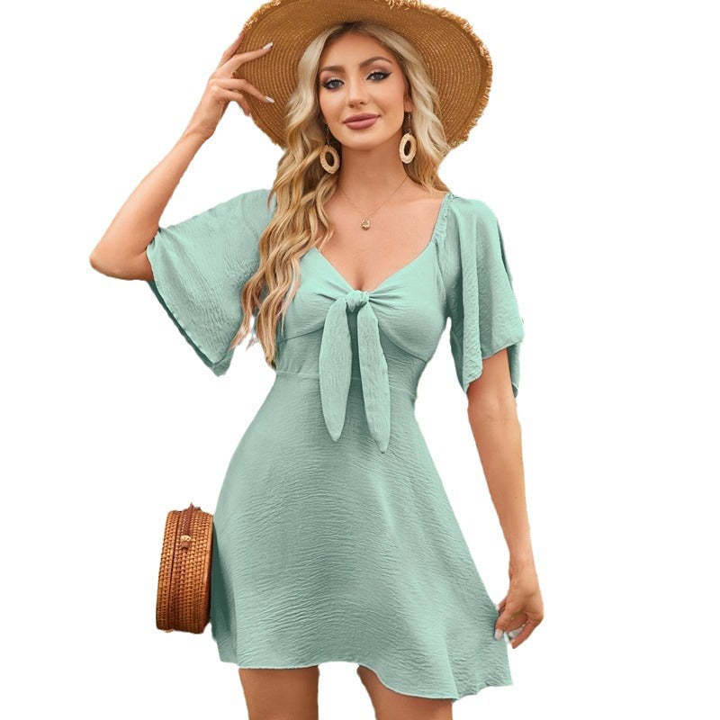 V Neck Tie Front Flutter Sleeve A Line Mini Dress for Women
