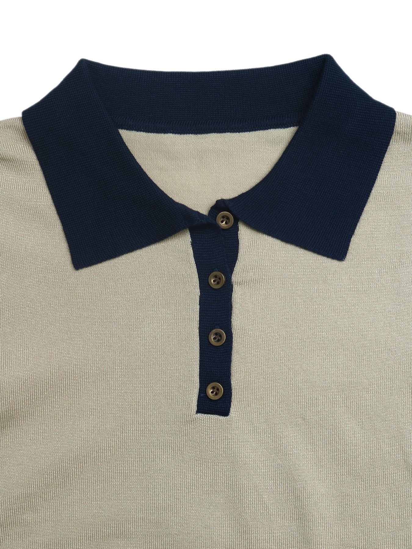 Contrast Polo Collar Knit Sweater Long Sleeve Casual Top