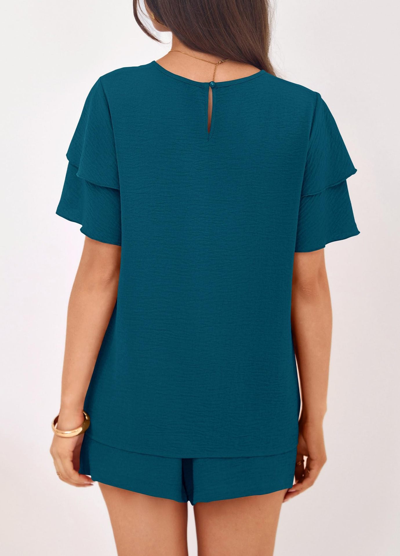 Casual Solid Ruffle Sleeve Short Set Lounge Outfit