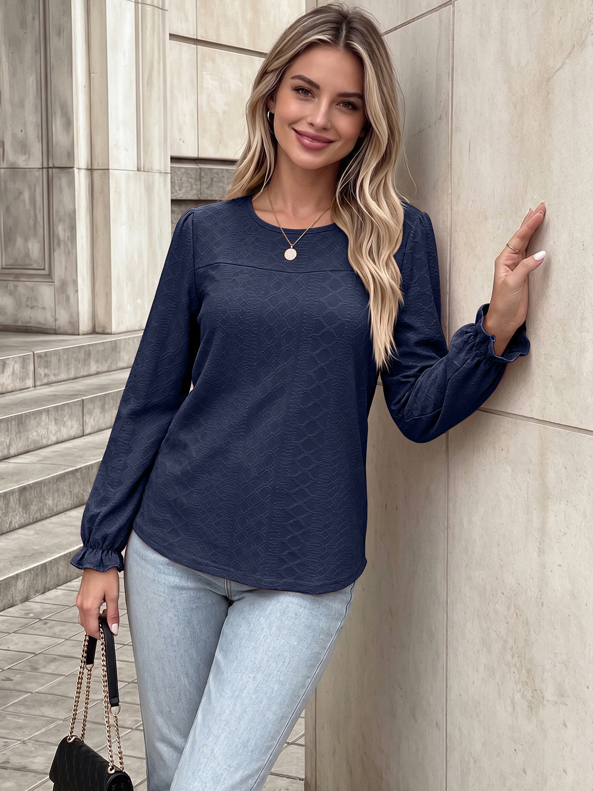 Women's Textured Long Sleeve Round Neck Ruffle Cuff Top