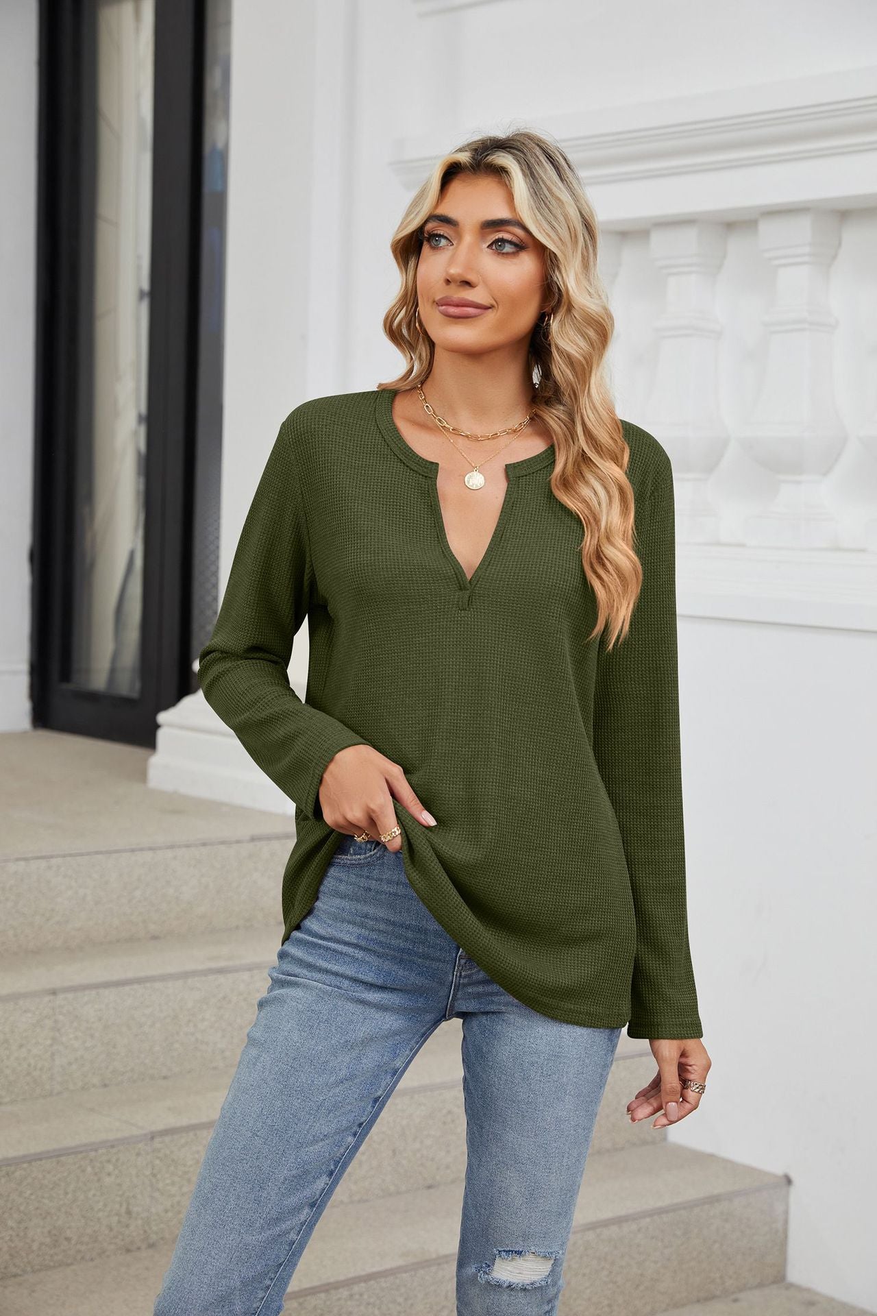 Loose V-neck Long-sleeved Solid Color Casual T-shirt