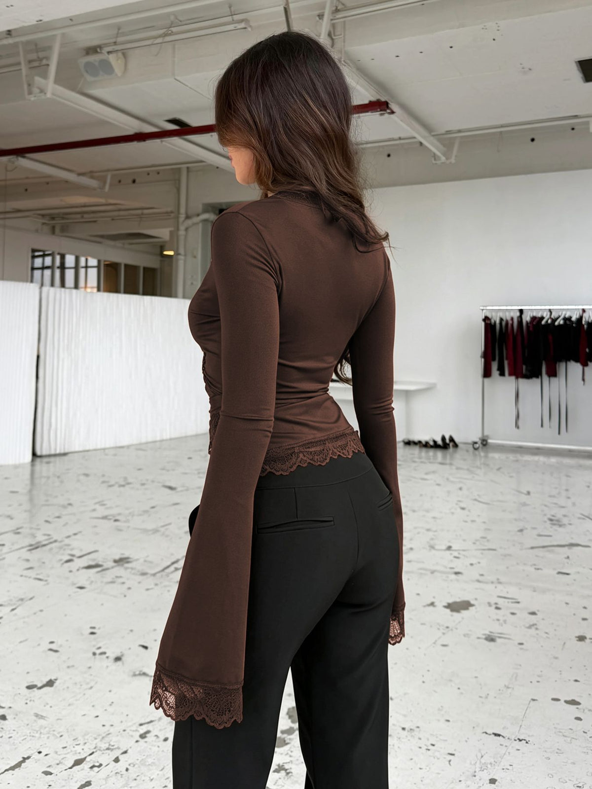 Women's Sexy Lace V Neck Wrap Top Flare Long Sleeve