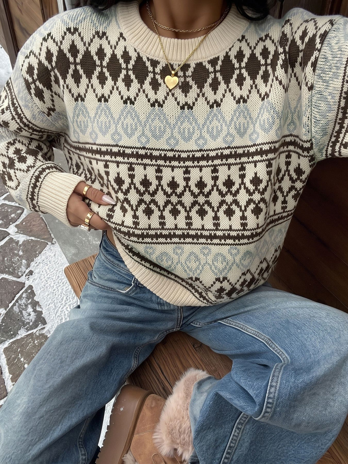 Women's Oversized Fair Isle Crew Neck Knit Sweater