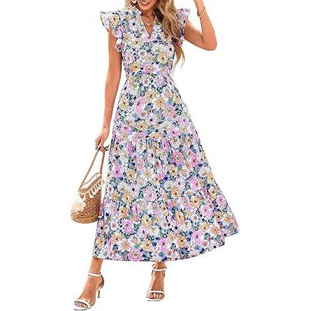 Floral V Neck Flutter Sleeve A Line Midi Dress