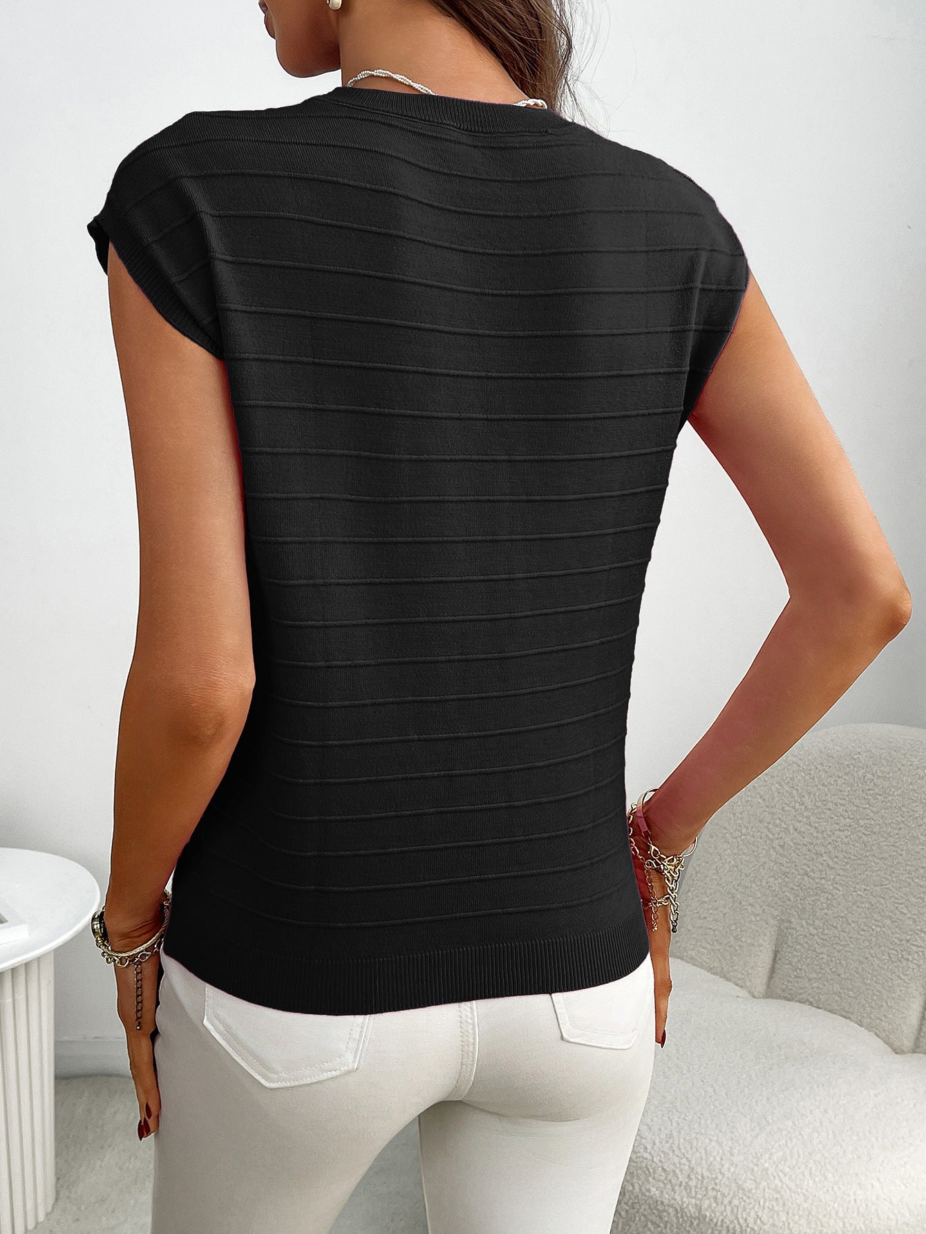 Striped Knit Short Sleeve Top with Pocket Casual Pullover