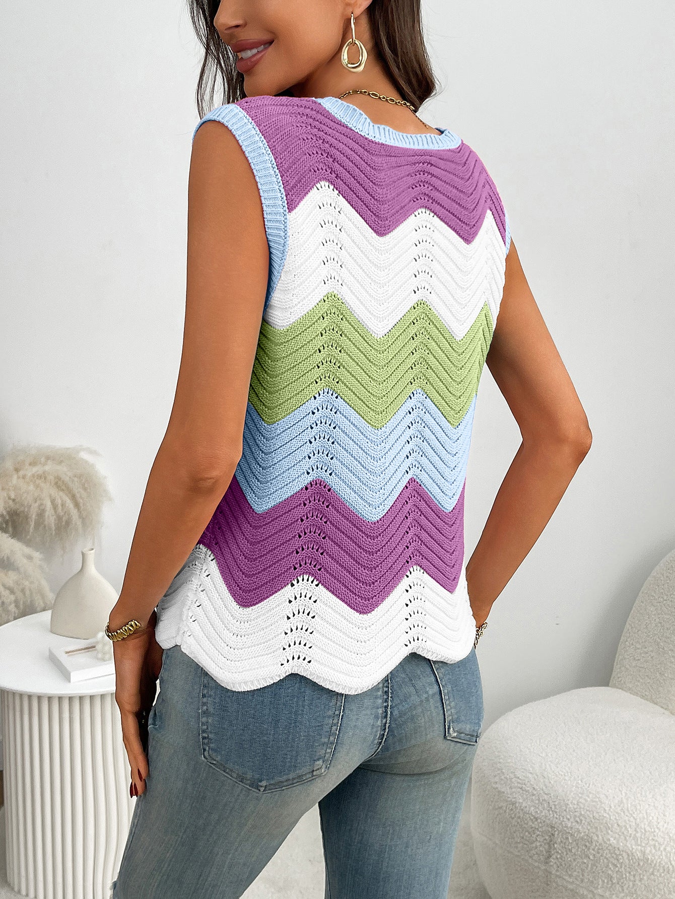 Dopamine Colorblock Knit Tank Chevron Pattern Sleeveless Summer Top