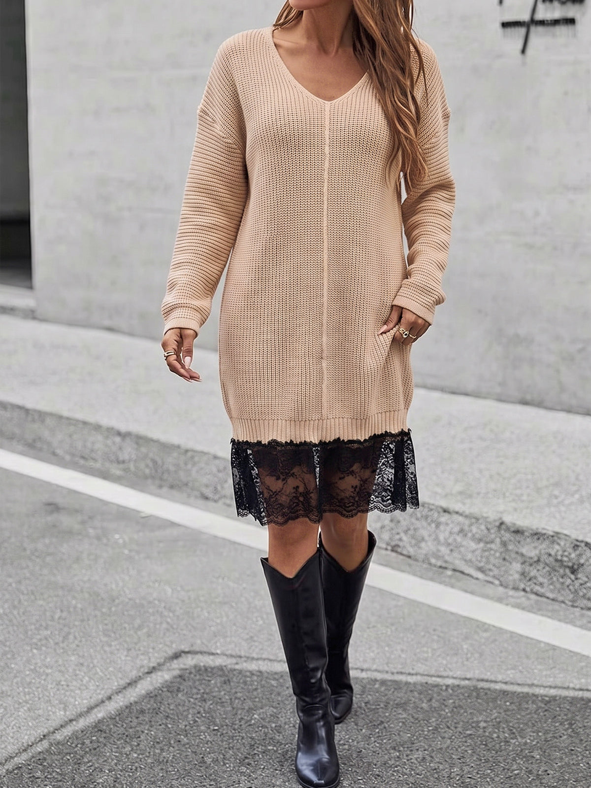 Women's V-Neck Lace Sweater Dress Long Sleeve Oversized