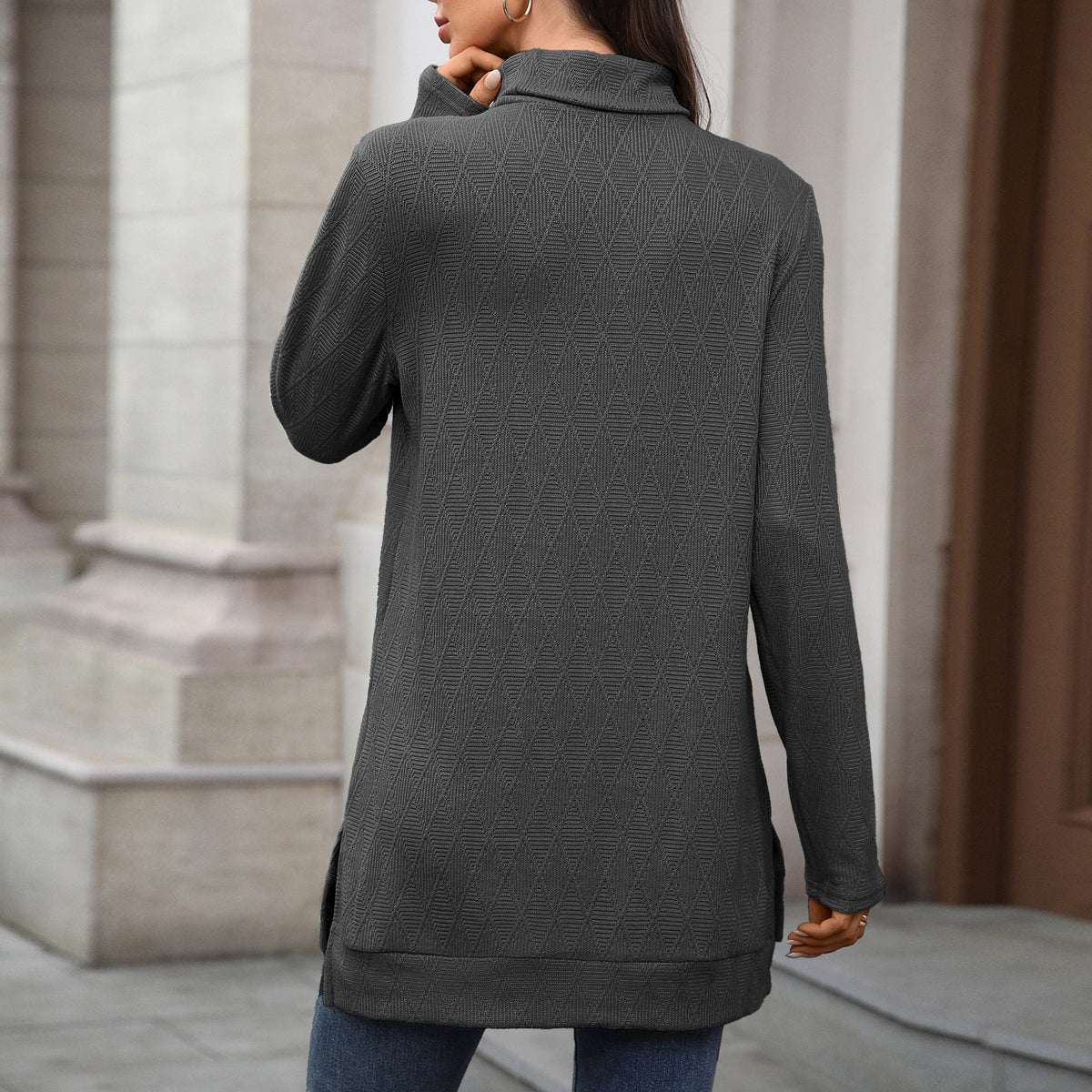 Oversized Turtleneck Long Sleeve Side Slit Tunic Top
