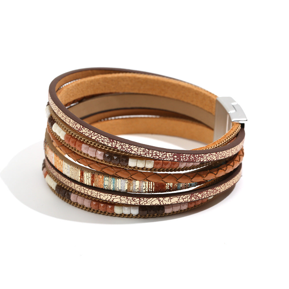 Boho Multi Layer Leather Wrap Bracelet with Magnetic Clasp