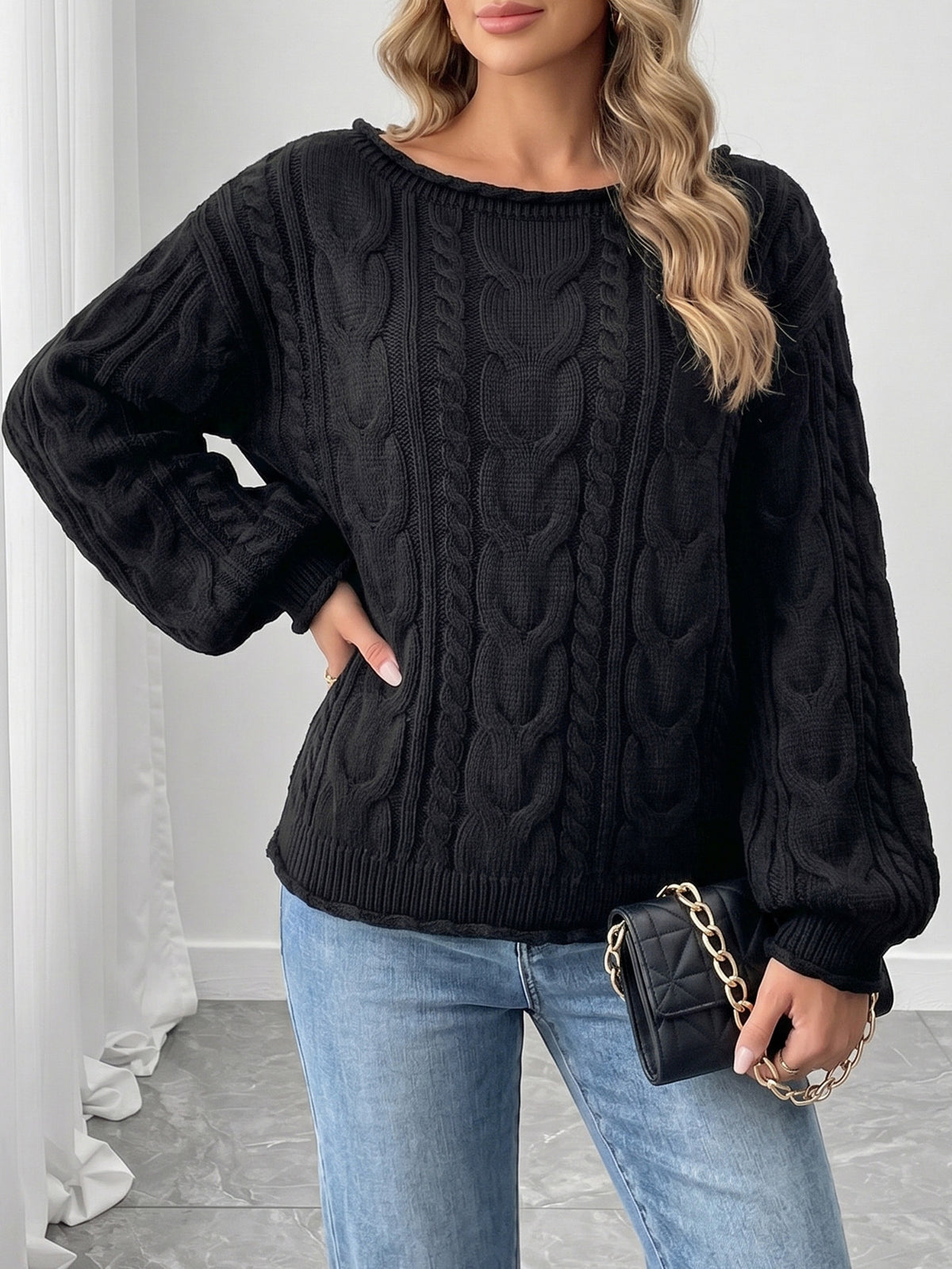 Women's Off Shoulder Cable Knit Oversized Pullover Sweater
