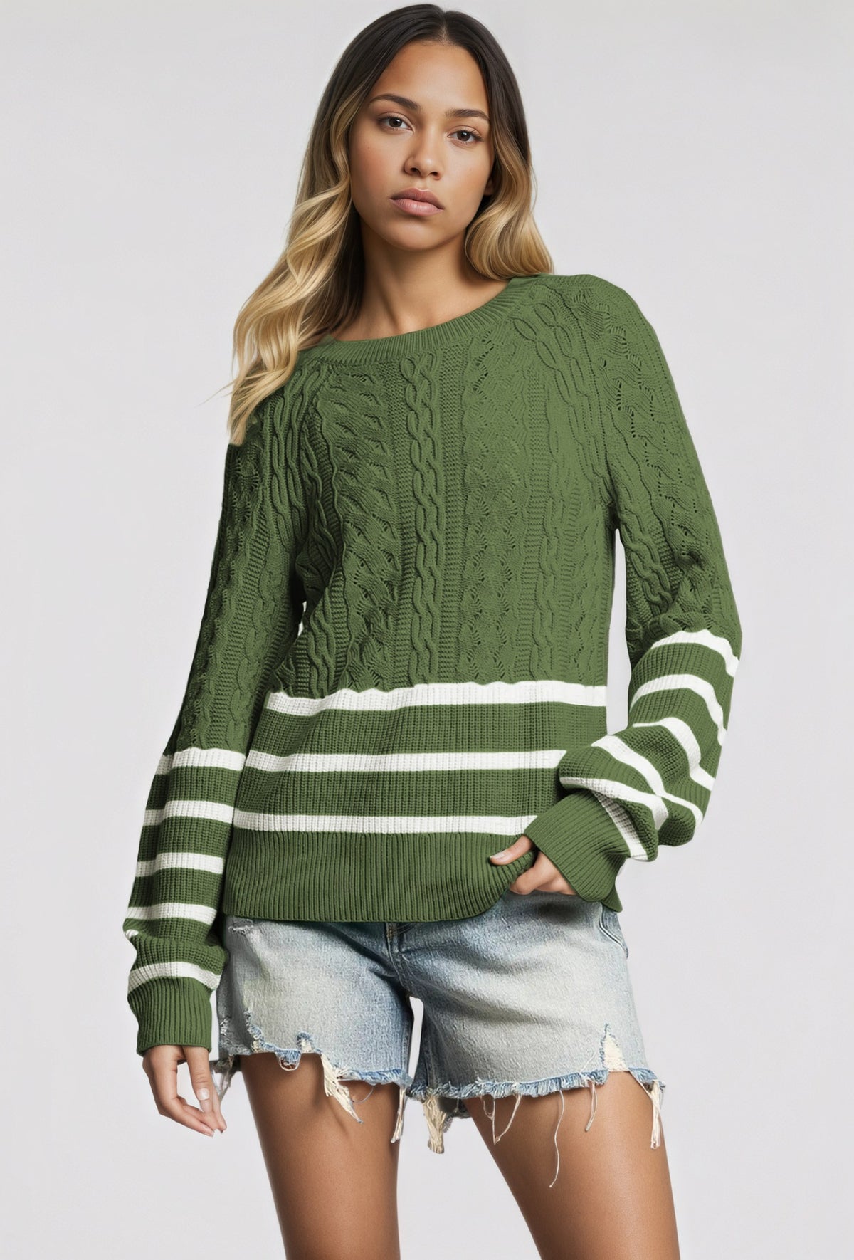 Women's Oversized Cable Knit Striped Color Block Sweater