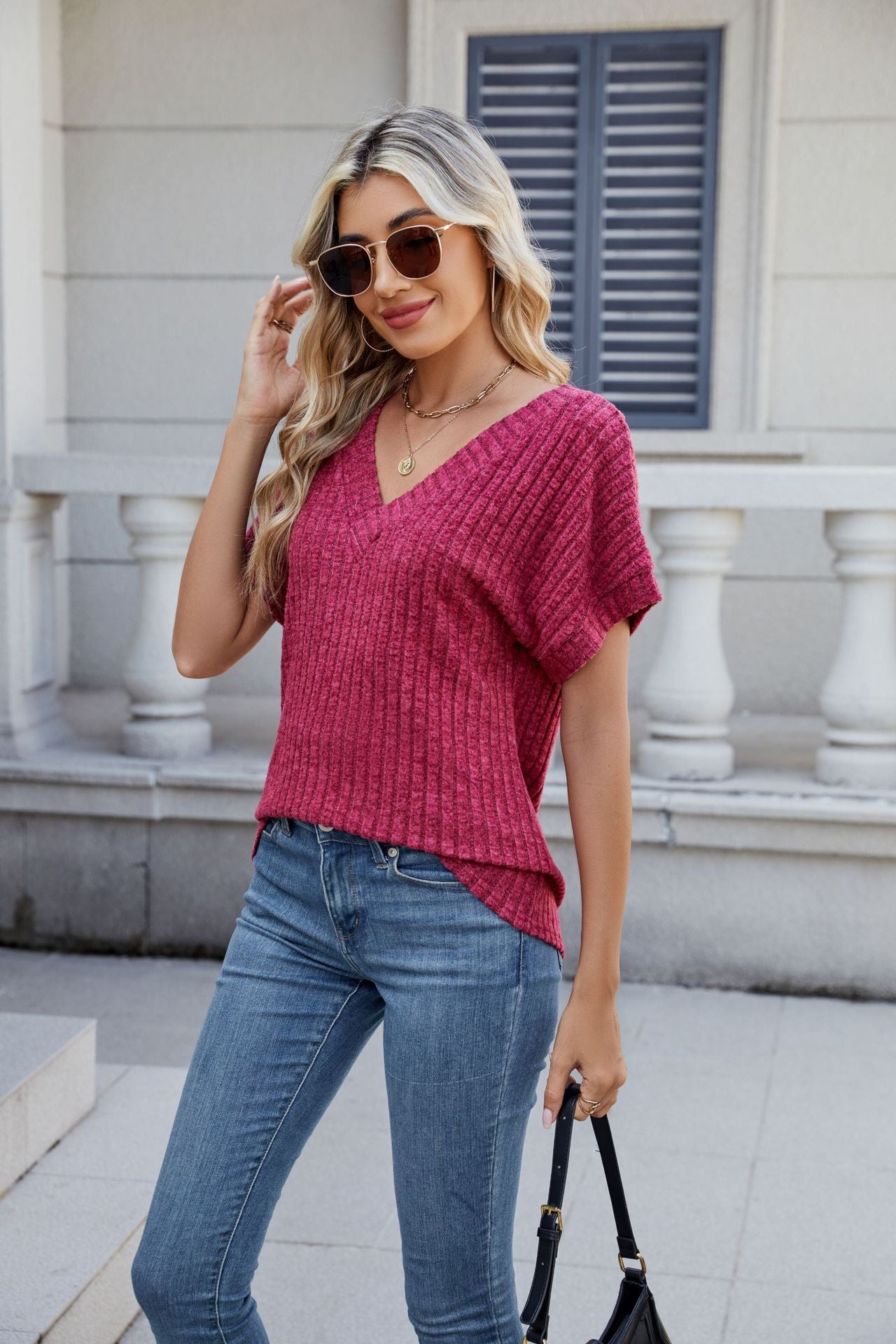 Ribbed Knit Top Casual Dolman Sleeve V Neck