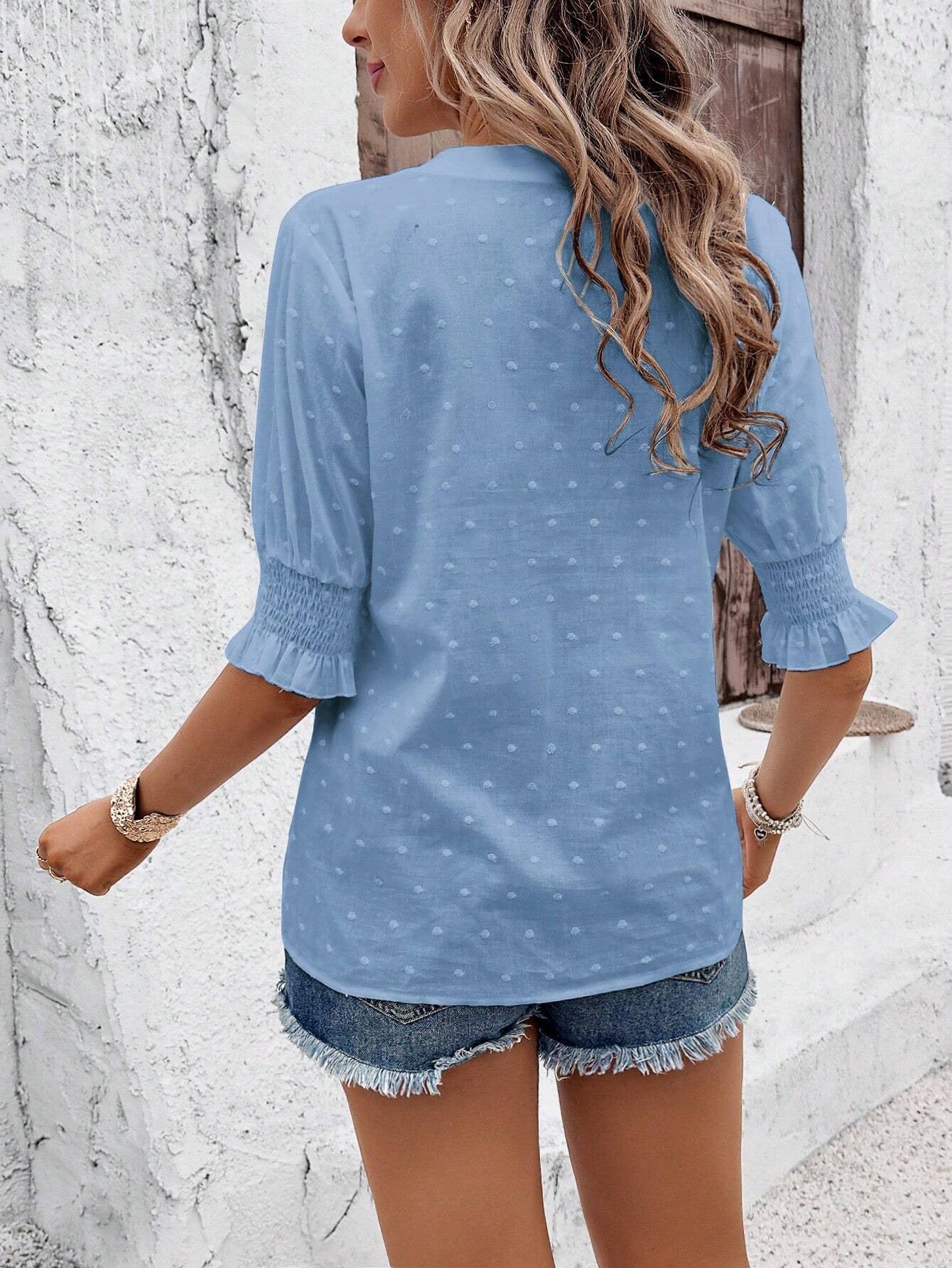 Hollow Out  V Neck Puff Sleeve Boho Blouse