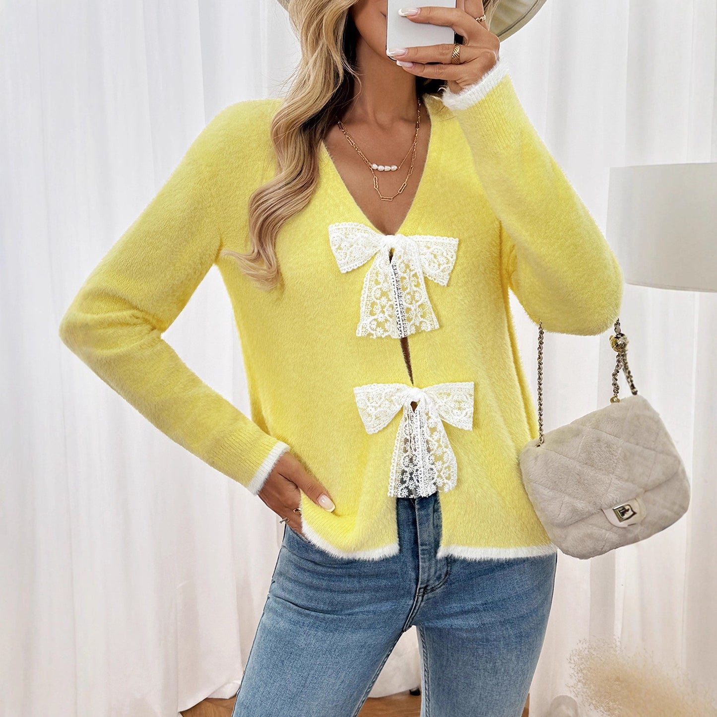 Bow Detail Knit Cardigan Soft Sweater Sweet Casual Layering
