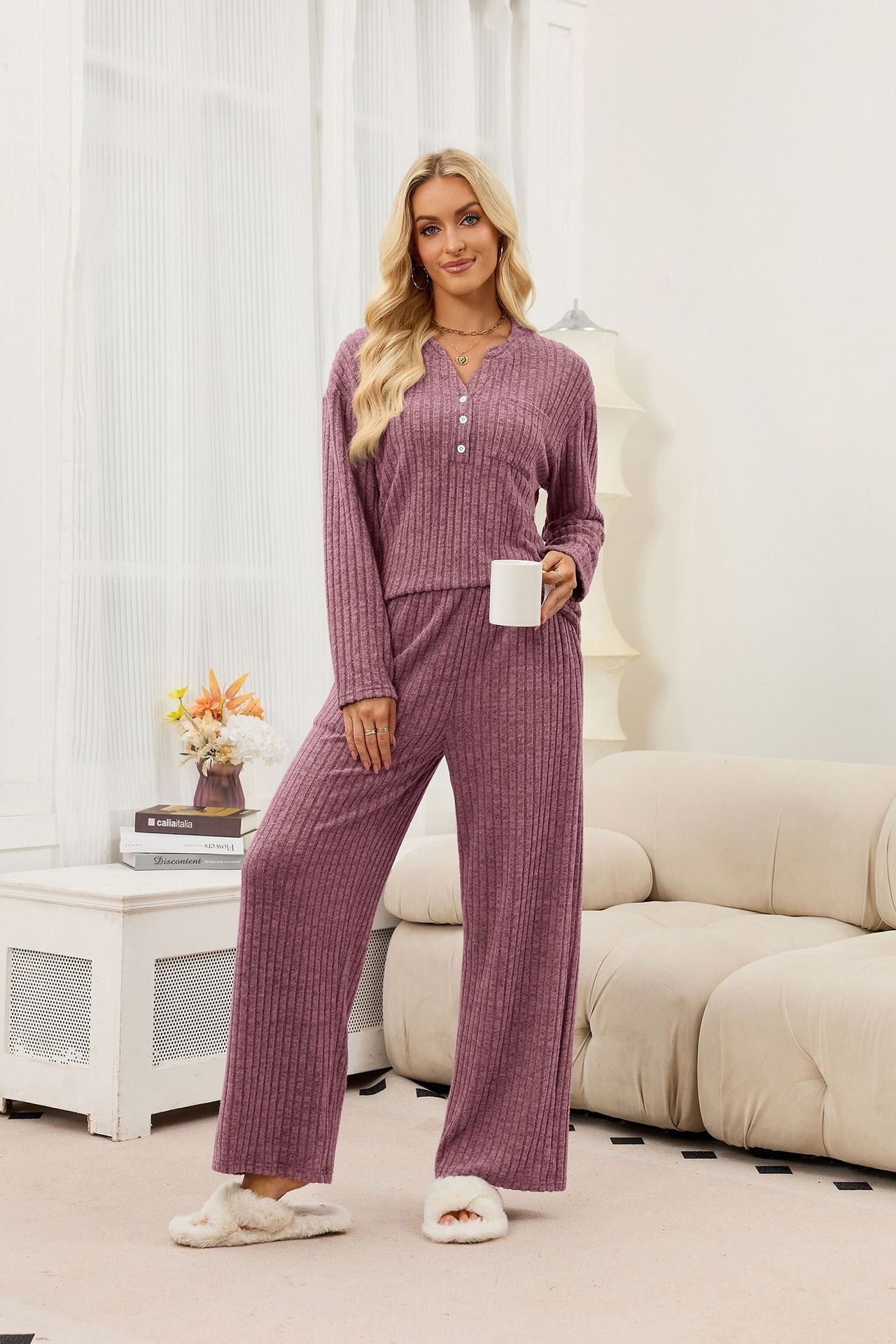 Women's Ribbed Knit Lounge Set Button Front Top & Pants