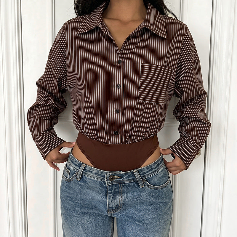 Striped Shirt Romper Long Sleeve Button Front Jumpsuit