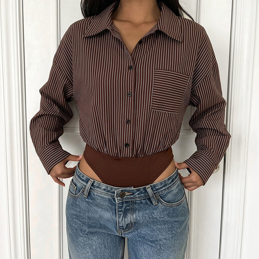 Striped Shirt Romper Long Sleeve Button Front Jumpsuit