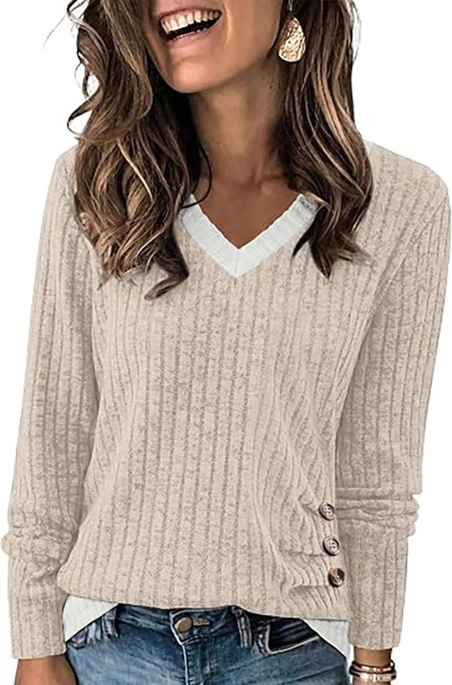 Color Block V-Neck Long Sleeve Ribbed Tunic with Buttons