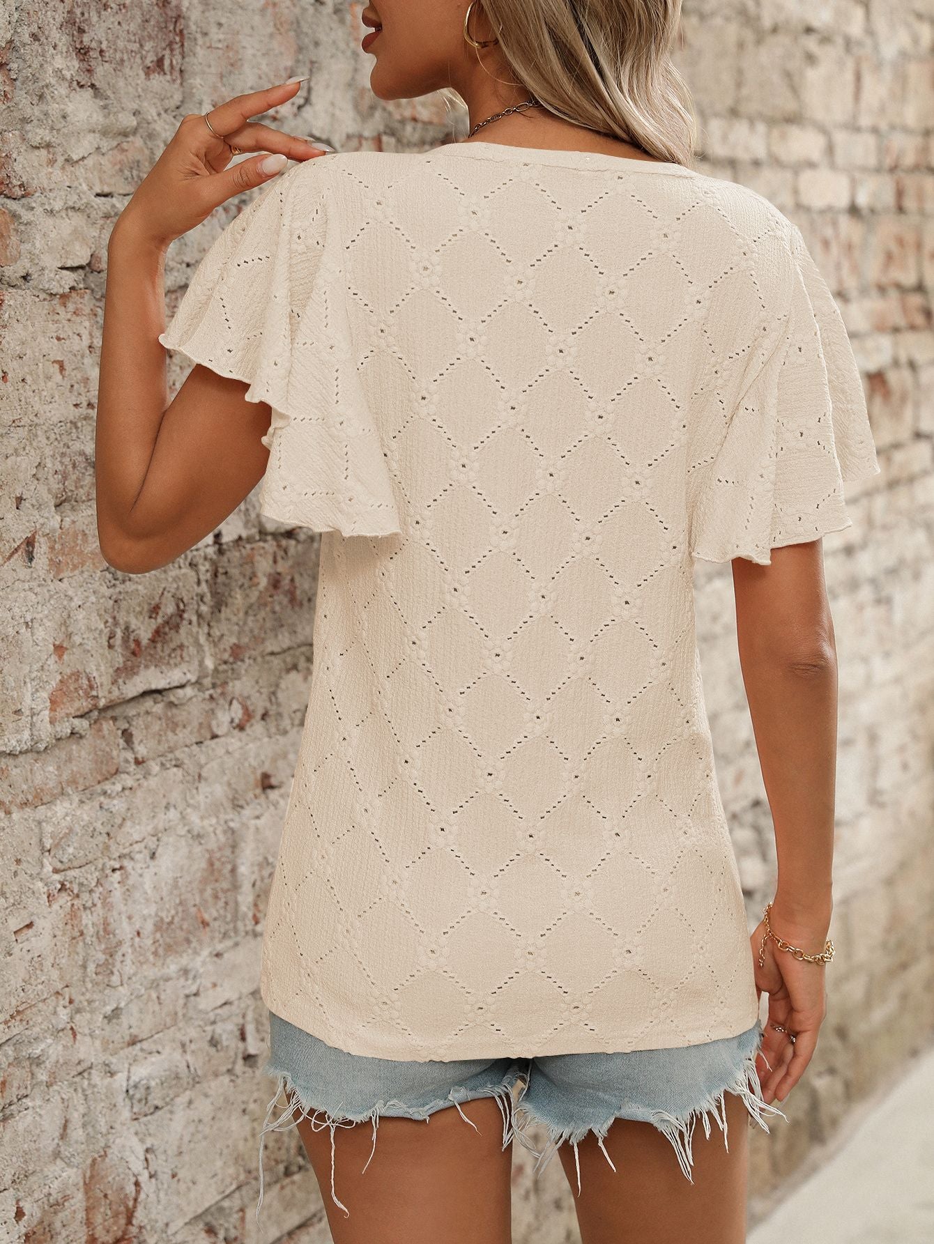 Eyelet Ruffle Sleeve Floral Knit Casual Summer T Shirt