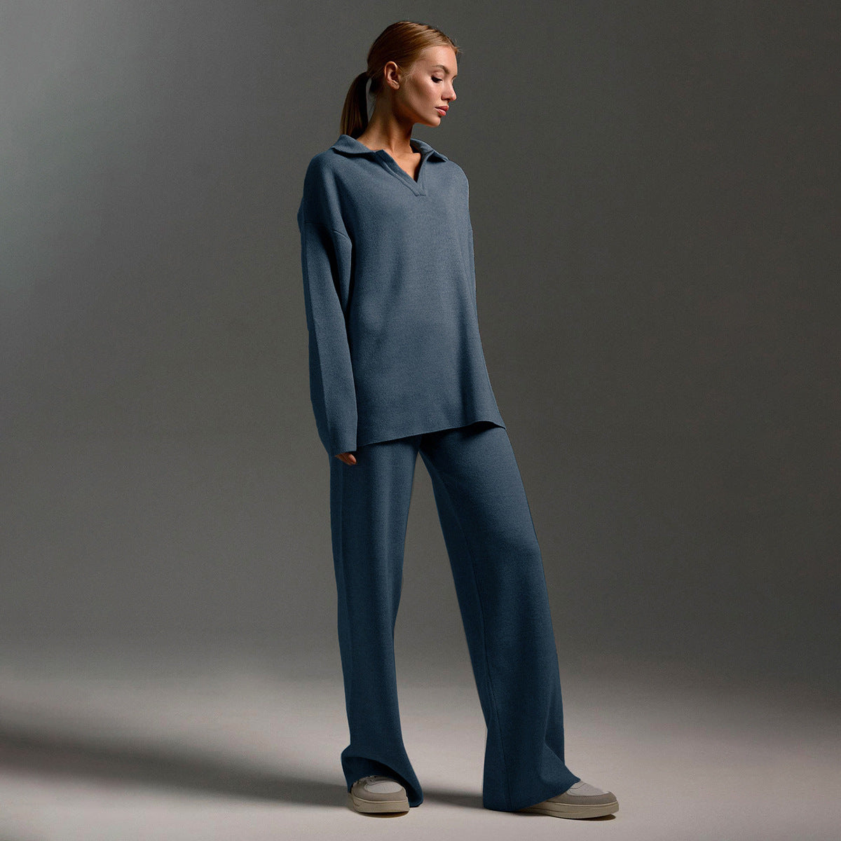 Polo Collar Knit Sweater Wide Leg Pants Set