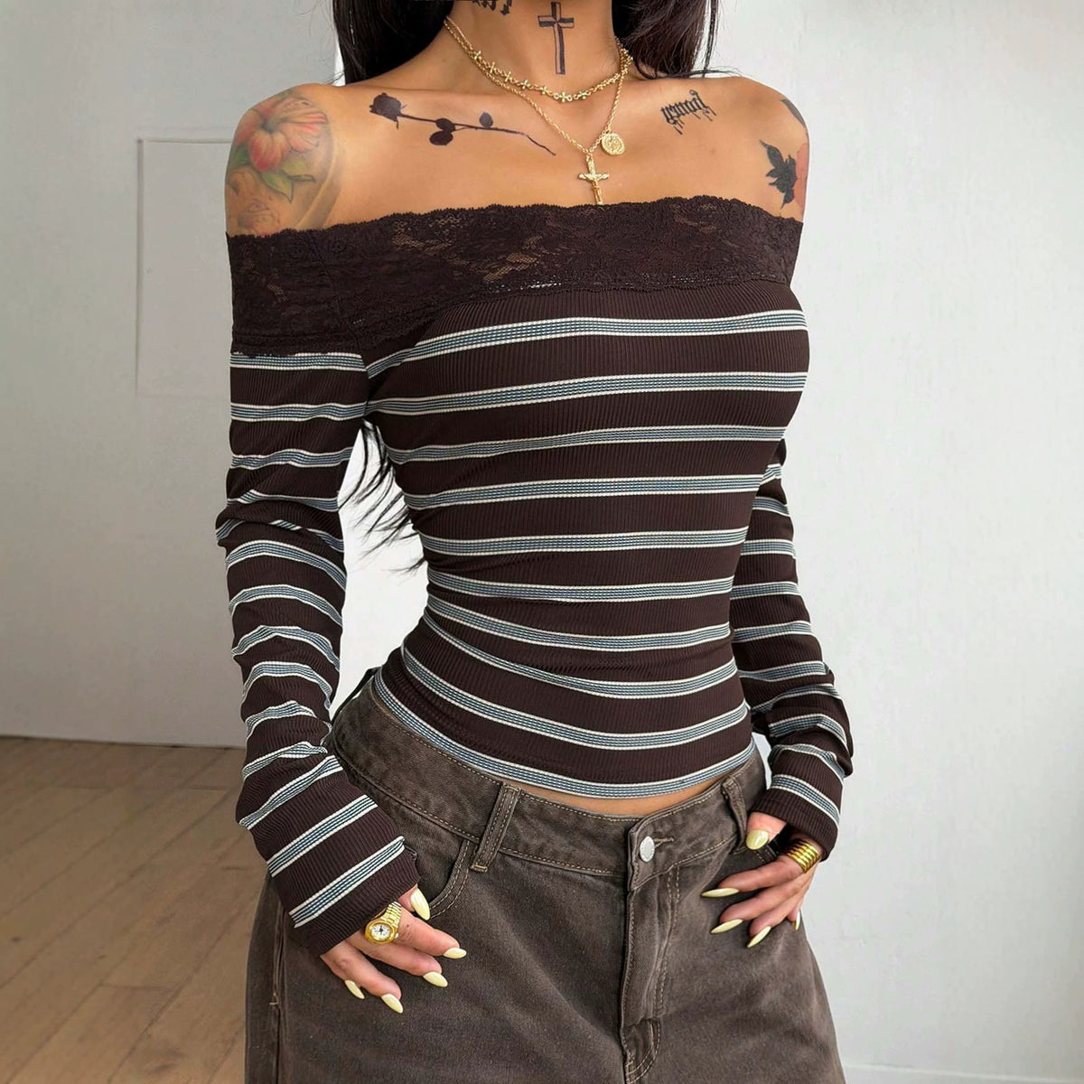 Y2K Lace Trim Off Shoulder Striped Long Sleeve Top