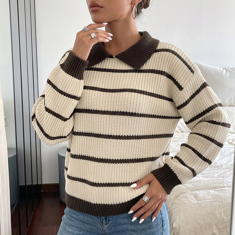 Striped Polo Knit Sweater Relaxed Fit Long Sleeve Pullover