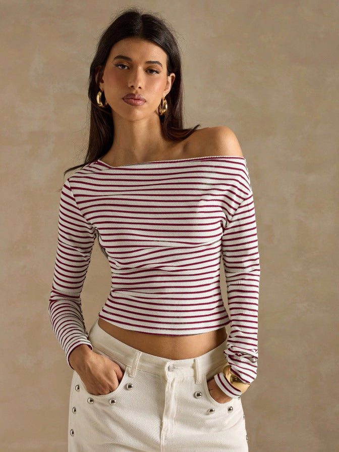 Striped Off Shoulder Long Sleeve Knit Top