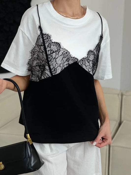 Lace Patchwork Cotton T Shirt Trendy Layered Loose Fit