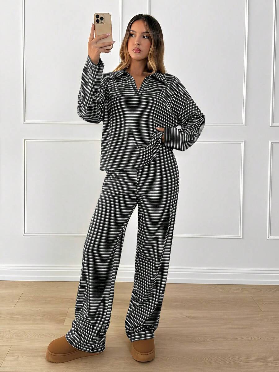 Striped Lounge Set Casual Collared Pullover Wide Leg Pants