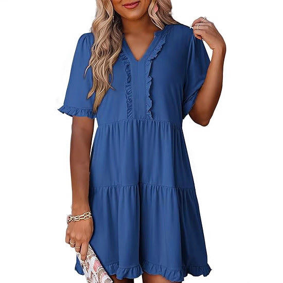 Green V Neck Ruffle Trim A Line Tiered Mini Dress