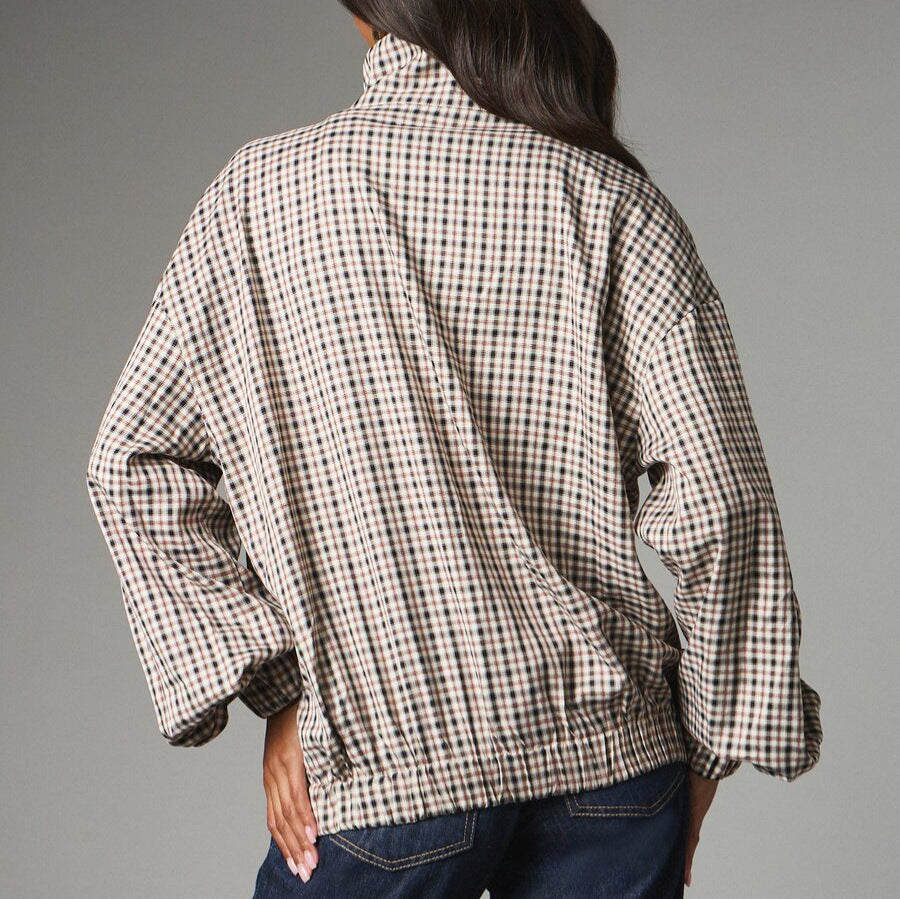 Women's Oversized Vintage Plaid Zip Up Jacket