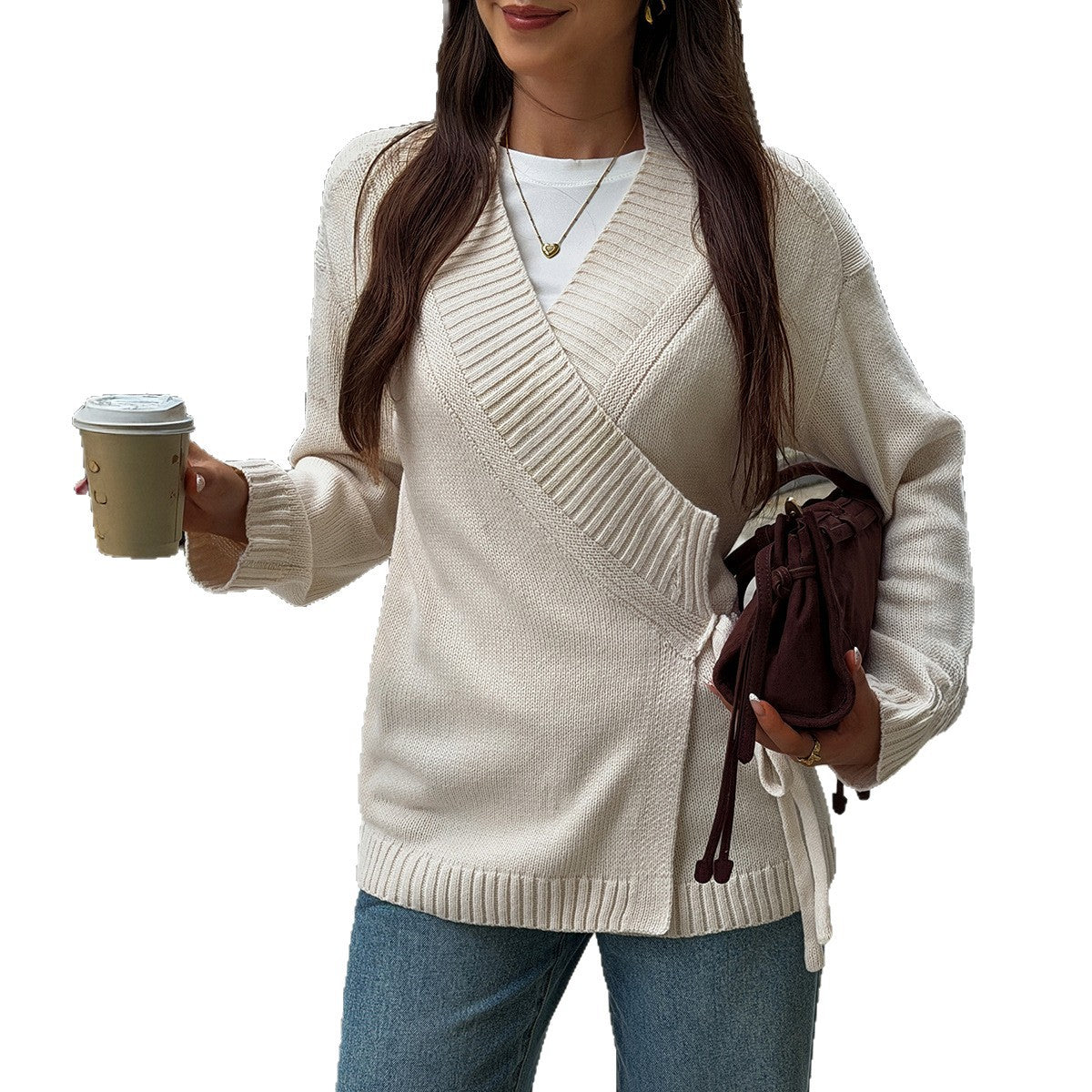 Women's Wrap V-Neck Tie Waist Knit Cardigan Sweater