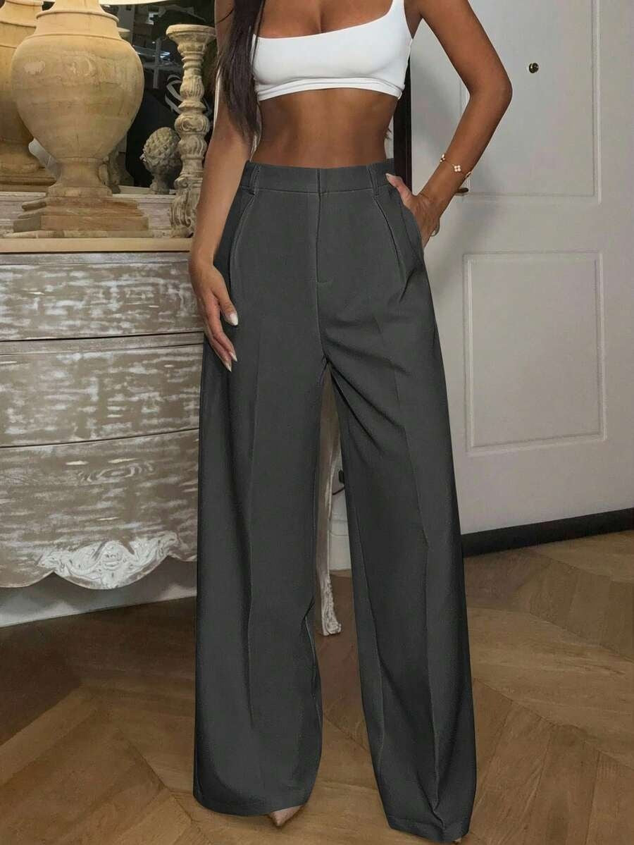 Solid High Waisted Wide Leg Dress Pants Business Work Trousers