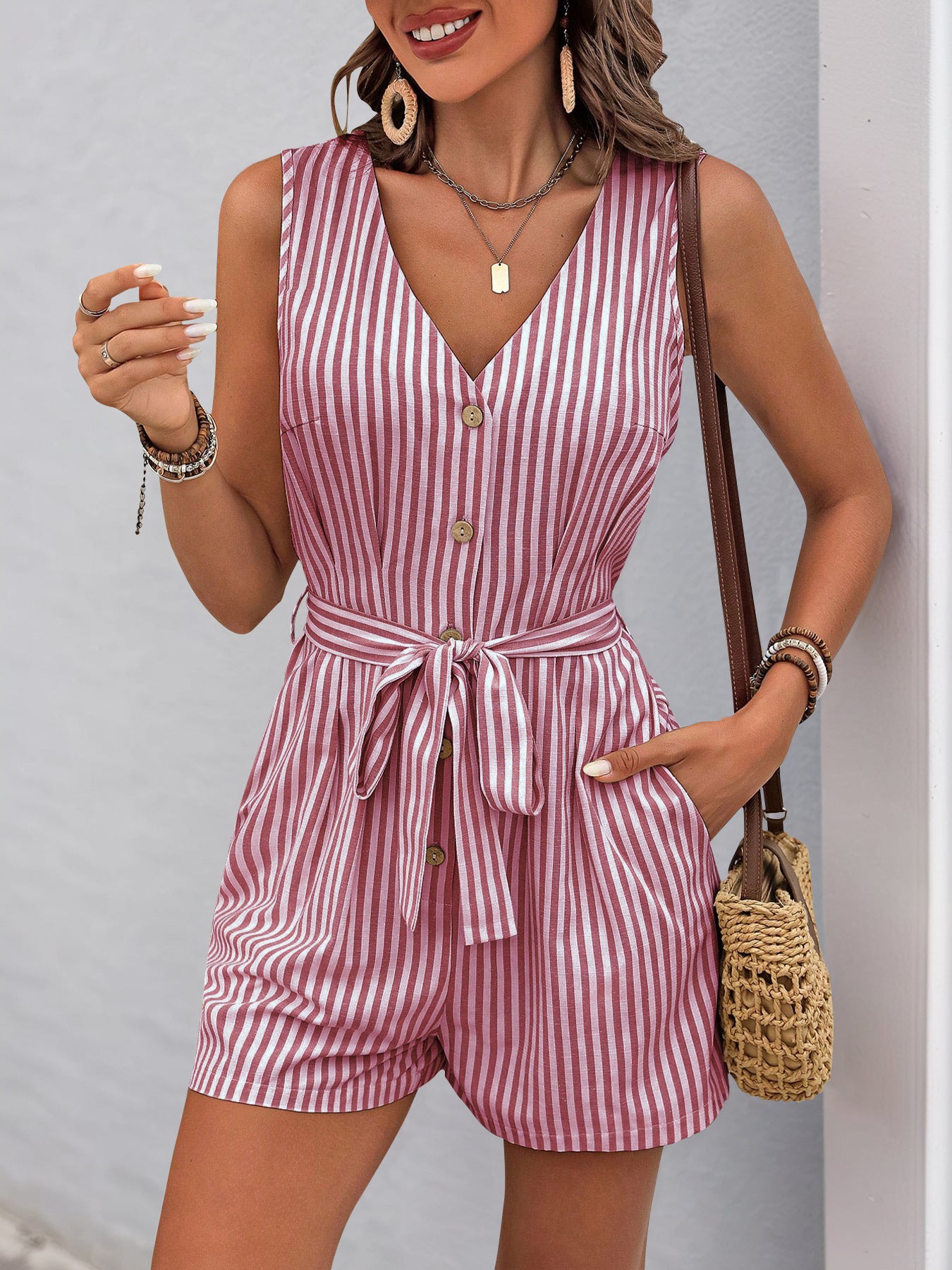 2025 Summer Striped v-Neck Sleeveless One-piece Shorts