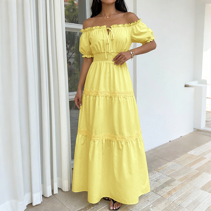 Solid Woven Maxi Dress Resort Smocked Puff Sleeve