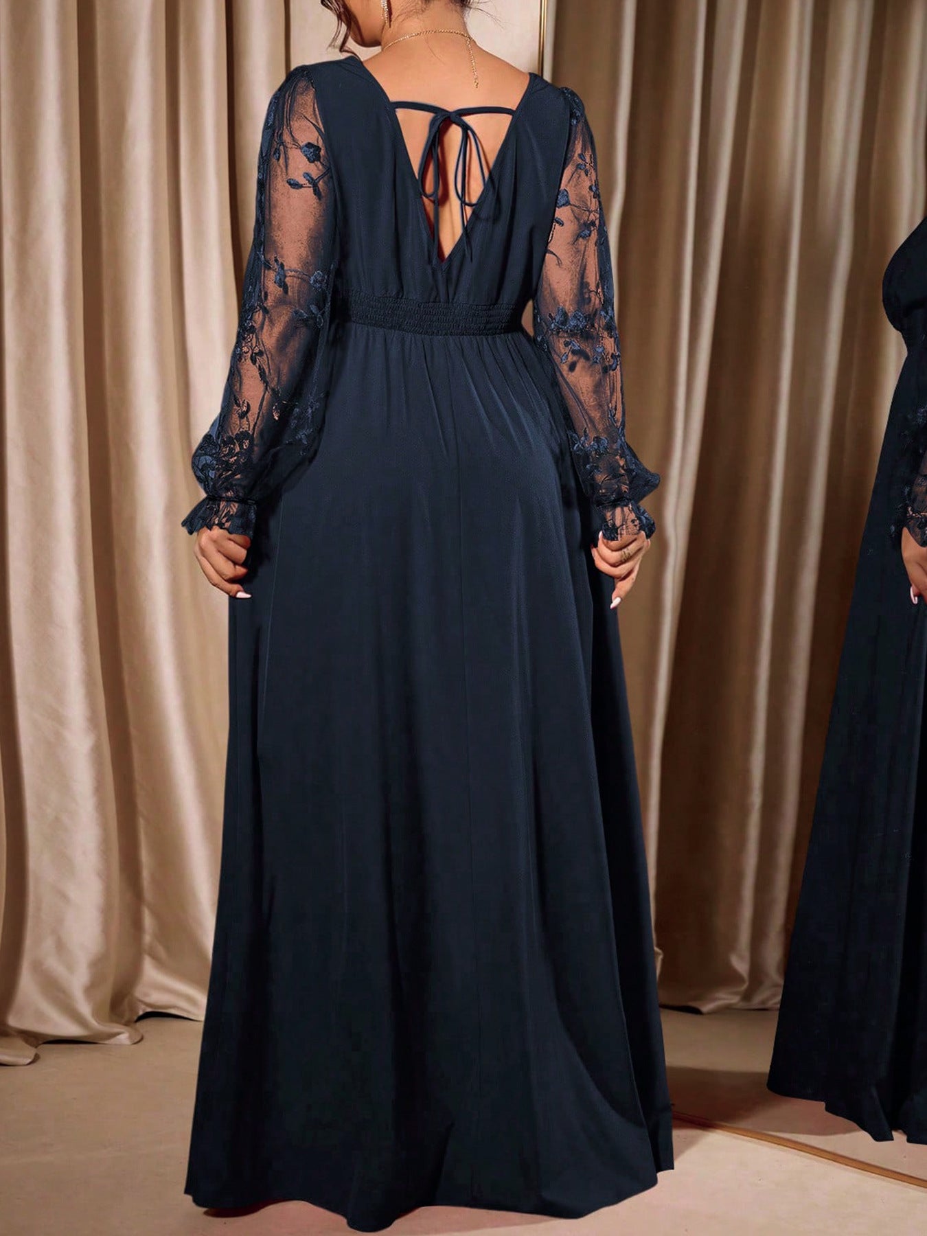 Plus Size Lace Sleeve V Neck Formal Maxi Dress
