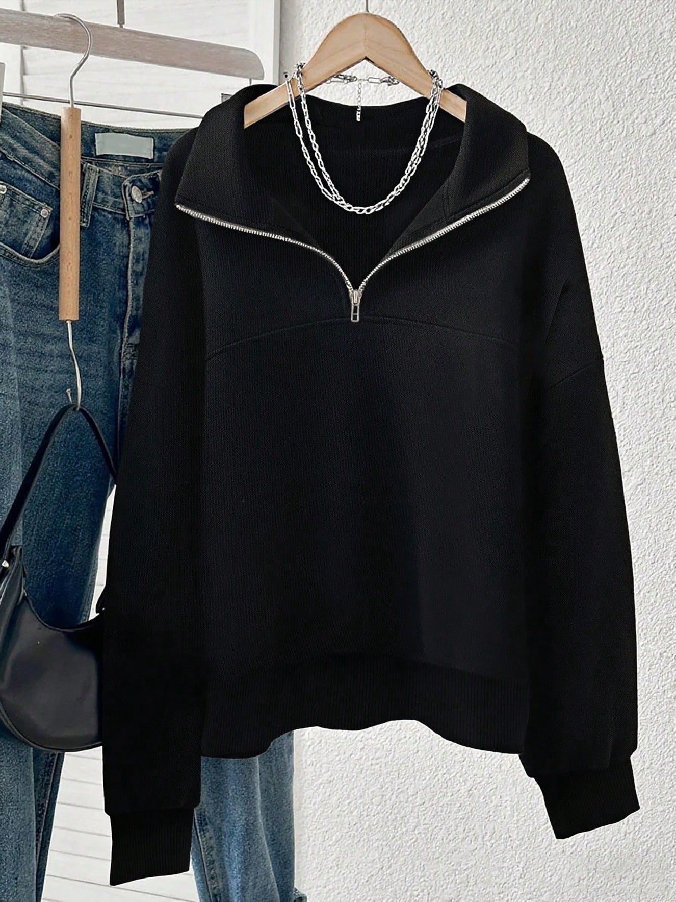 Solid Fleece Sweatshirt Casual Half Zip Oversized