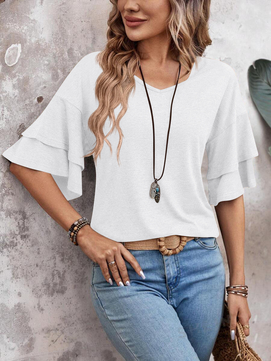 Summer V Neck Ruffle Sleeve Loose Fit Women’s Top