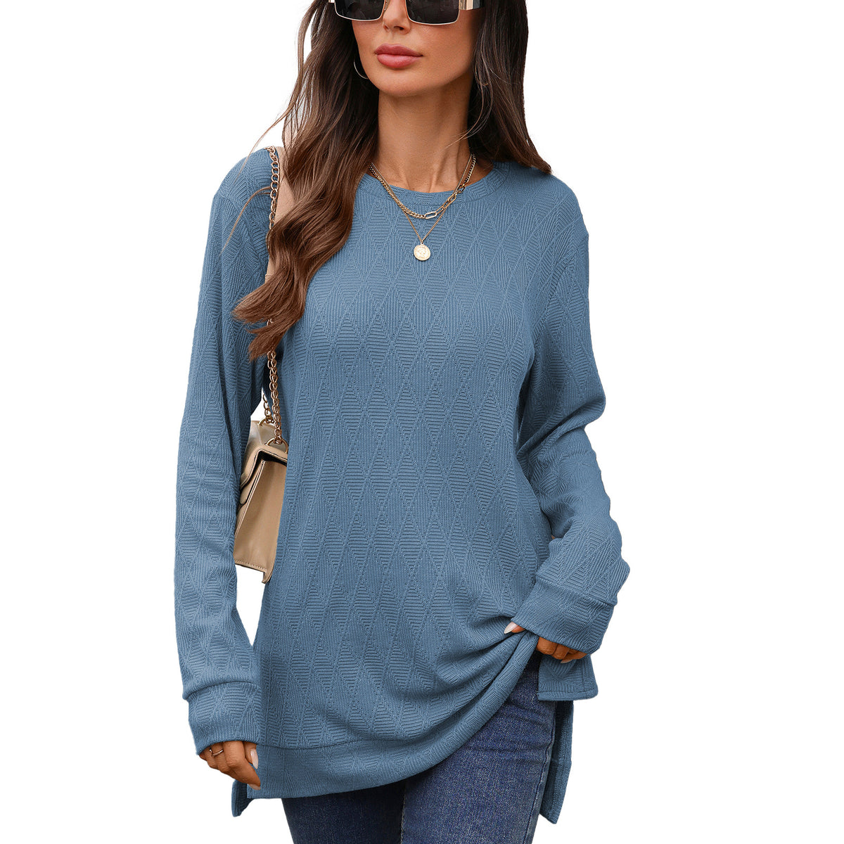 Women's Oversized Geometric Tunic Top Side Slit Long Sleeve