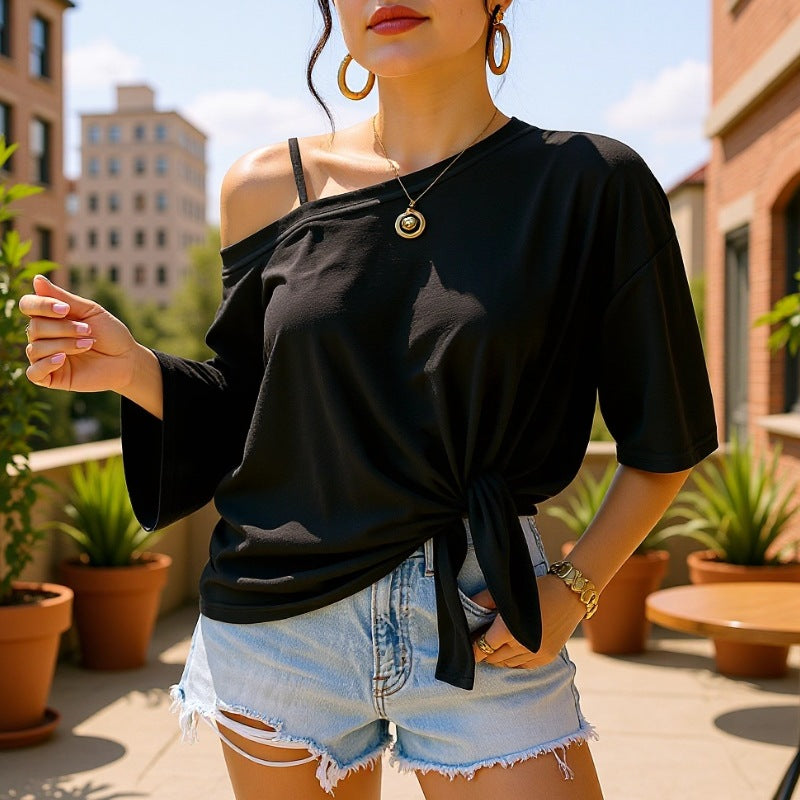 Women’s Solid Tie Front Off Shoulder Beach Cover Up