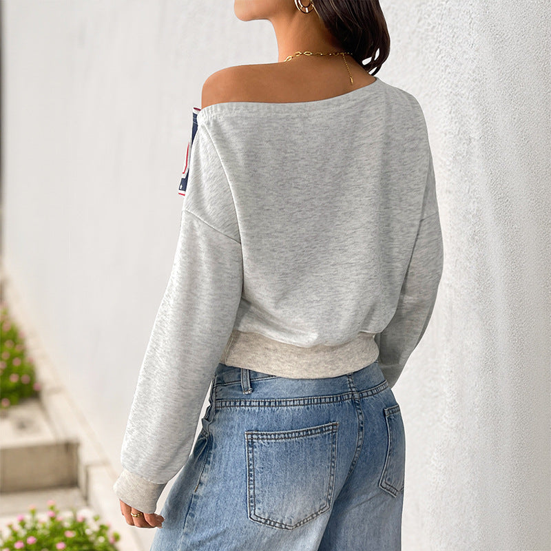 Lucky Stars Off Shoulder Letter Print Crop Sweatshirt