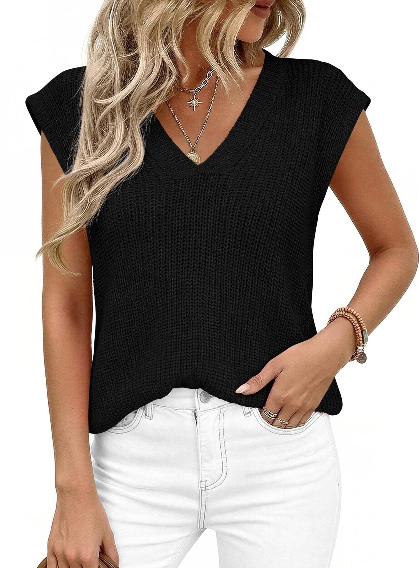Women’s V Neck Sleeveless Knit Sweater Vest Loose Casual Summer Pullover Top