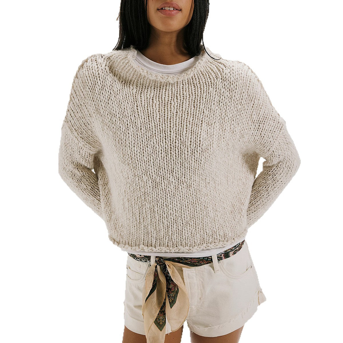 Women's Chunky Knit Cropped Crewneck Sweater