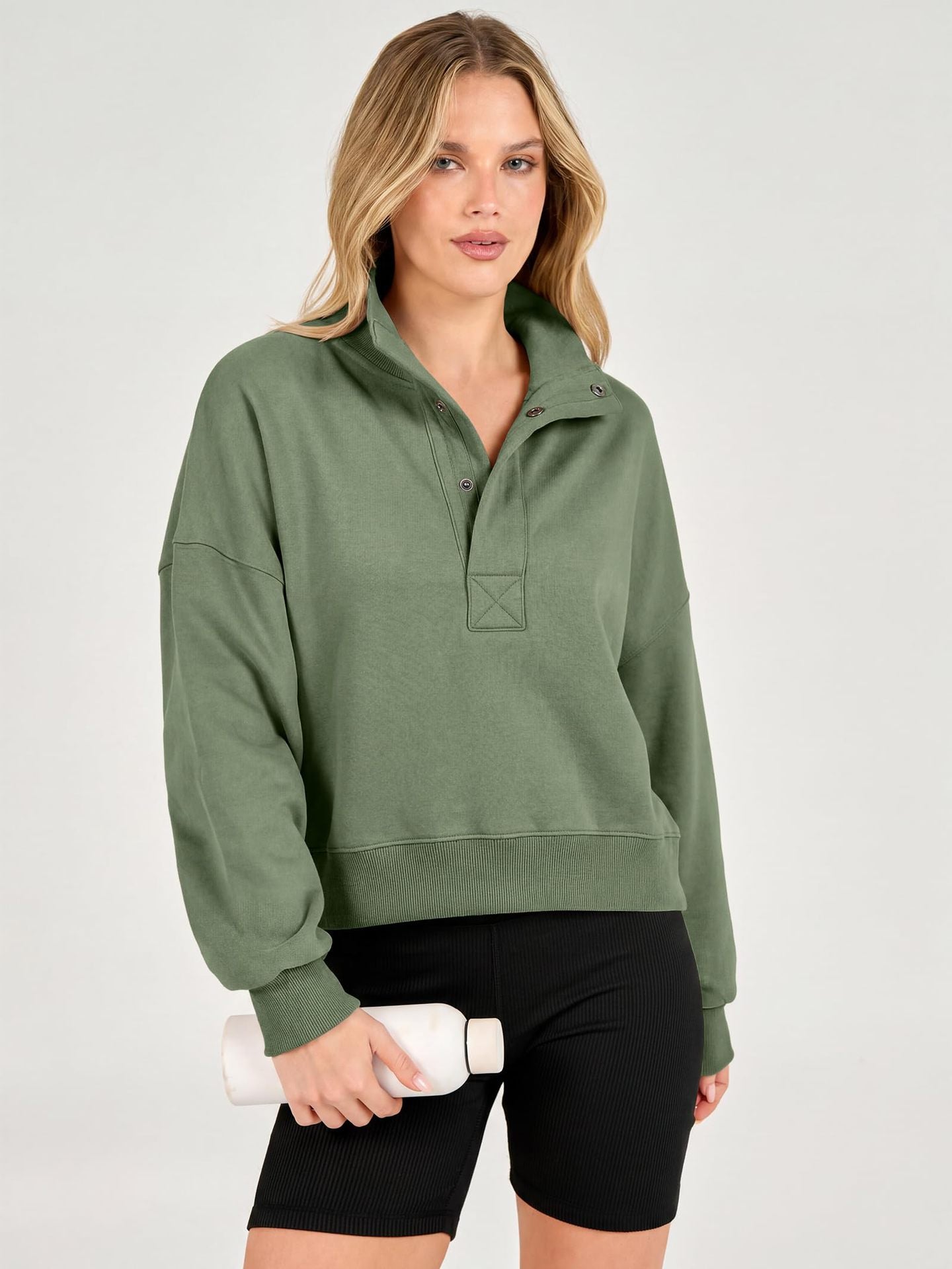 Cropped Henley Sweatshirt Collared Relaxed Fit