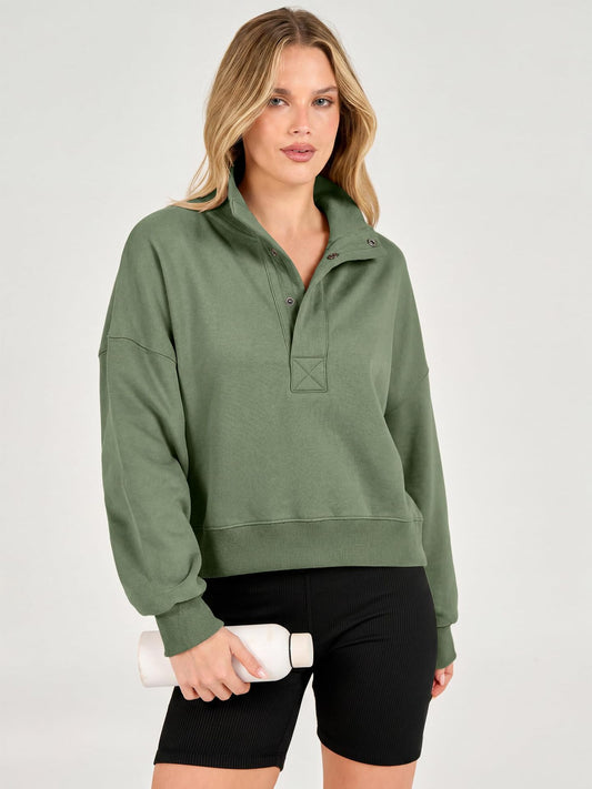 Cropped Henley Sweatshirt Collared Relaxed Fit