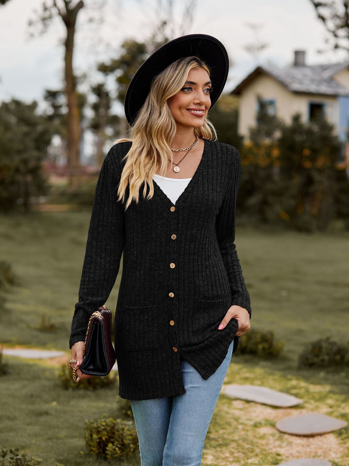 Ribbed Knit Longline Cardigan Button Front